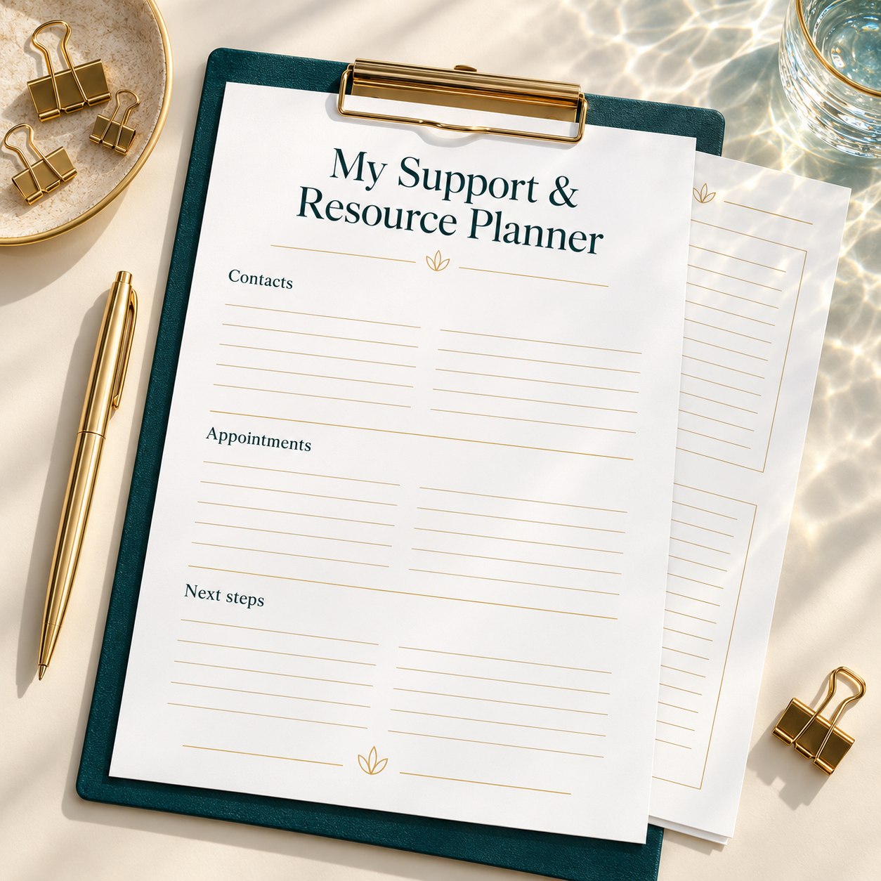 Illustrative mockup of the My Support and Resource Planner on a teal clipboard with gold stationery