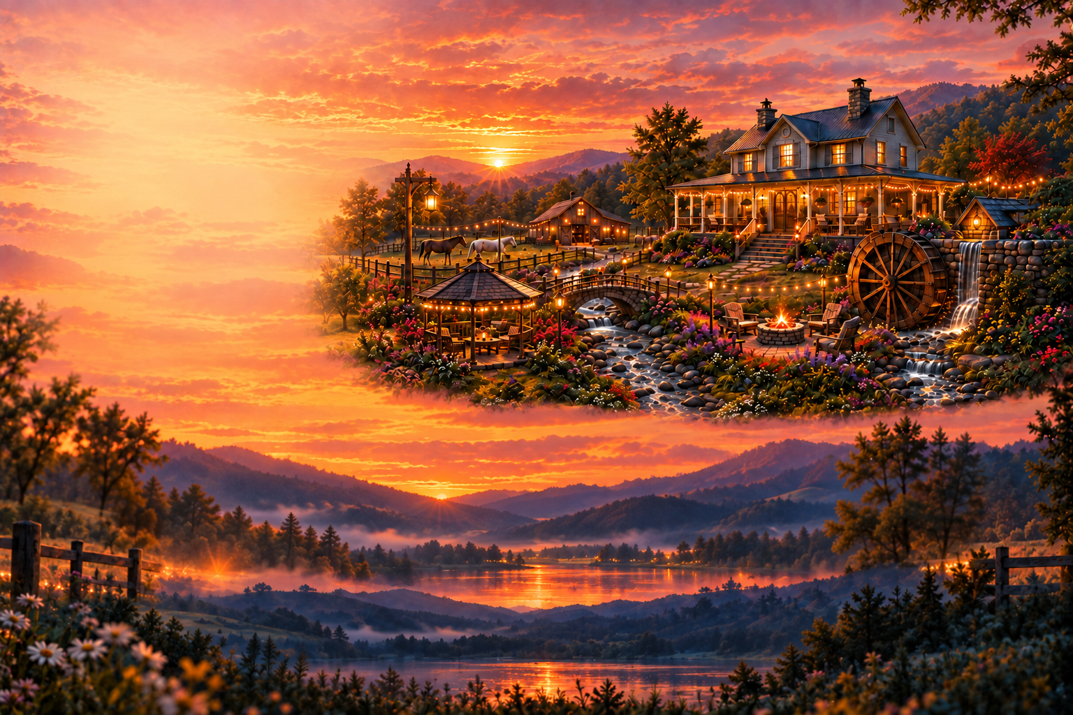 Sunset farmhouse, horses, water wheel, and a glowing stream